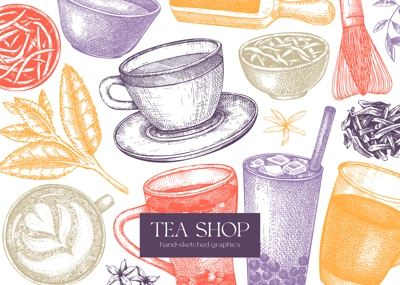 Tea shop or cafe design with hand-sketched tea drinks illustrations. Vector sketches of teacups, glasses, dried leaves, jasmine blossoms. Popular beverages background for menu or banner template